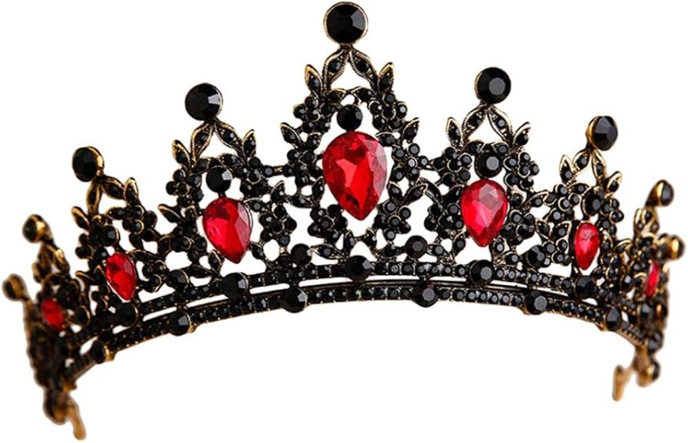 Lurrose Gothic Queen Crown Tiara Black Red Rhinestone Baroque Wedding Halloween